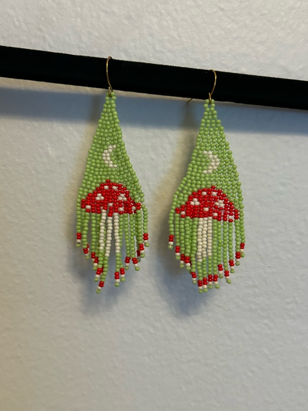 Green Seed Bead Mushroom Fringe Earrings